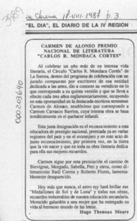 Carmen de Alonso premio nacional de literatura "Carlos R. Mondaca Cortés"  [artículo] Hugo Thénoux Moure.