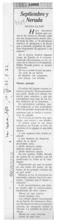 Septiembre y Neruda  [artículo] Agata Gligo.