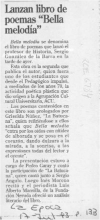 Lanzan libro de poemas "Bella melodía"  [artículo].