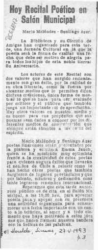 Hoy recital poético en Salón Municipal  [artículo].