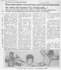 Encontradas reacciones por presentación de obra de teatro "La Telaraña -- "  [artículo].