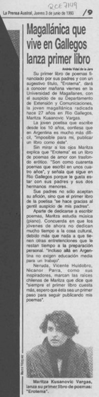 Magallánica que vive en Gallegos lanza primer libro  [artículo] Andrés Vidal de la Jara.