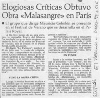Elogiosas críticas obtuvo "Malasangre" en París  [artículo].