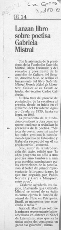 Lanzan libro sobre poetisa Gabriela Mistral  [artículo].