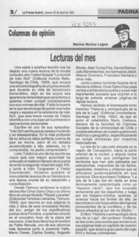 Lecturas del mes  [artículo] Marino Muñoz Lagos.