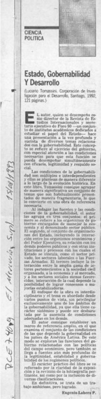Estado, gobernabilidad y desarrollo  [artículo] Eugenio Lahera P.