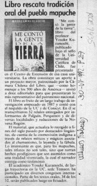 Libro restaca tradición oral del pueblo mapuche  [artículo].