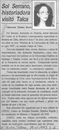 Sol Serrano, historiadora visitó Talca  [artículo] Gioconda Gómez Reyes.
