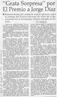 "Grata sorpresa" por el premio a Jorge Díaz  [artículo].