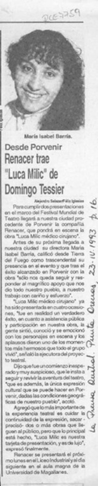 Renacer trae "Luca Milic" de Domingo Tessier  [artículo] Alejandro Salazar.