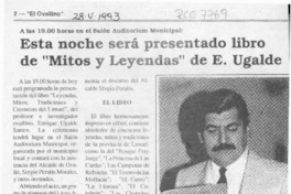 Esta noche será presentado libro de "Mitos y Leyendas" de E. Ugalde  [artículo].