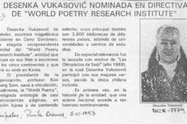 Desenka Vukasovic nominada en directiva de "World Poetry Research Institute"  [artículo].