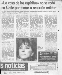 "La Casa de los espíritus" no se rodó en Chile por temor a reacción militar  [artículo].