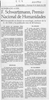 F. Schwartzmann, Premio Nacional de Humanidades  [artículo].