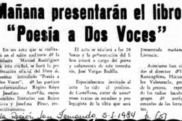 Mañana presentarán el libro "Poesía a dos voces"  [artículo].