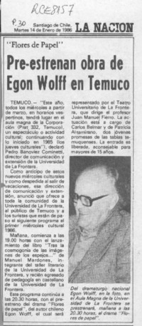Pre-estrenan obra de Egon Wolff en Temuco  [artículo].