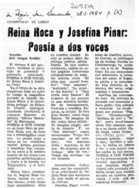 Reina Roca y Josefina Pinar, "Poesía a dos voces"  [artículo] José Vargas Badilla.