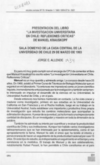 Presentación del libro "La investigación universitaria en Chile, reflexiones críticas" de Manuel Krauskopf  [artículo] Jorge E. Allende.