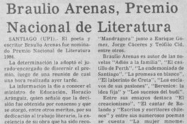 Braulio Arenas, Premio Nacional de Literatura