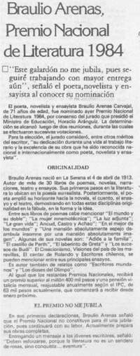 Braulio Arenas, Premio Nacional de Literatura 1984