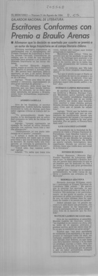 Escritores conformes con premio a Braulio Arenas