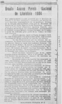 Braulio Arenas, Premio Nacional de Literatura 1984