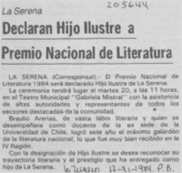 Declaran hijo ilustre a Premio Nacional de Literatura.