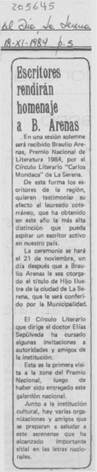 Escritores rendirán homenaje a B. Arenas