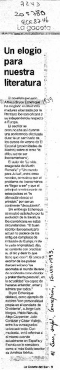 Un Elogio para nuestra literatura  [artículo].