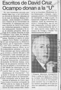 Escritos de David Cruz Ocampo donan a la "U"  [artículo].