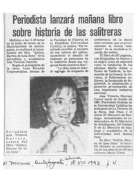 Periodista lanzará mañana libro sobre historia de las salitreras  [artículo].