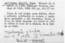 Araneda Bravo, Fidel, "Historia de la Iglesia en Chile"  [artículo] M. B. V.
