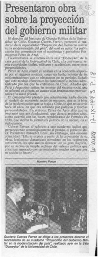 Presentaron obra sobre la proyección del gobierno militar  [artículo] Homero Ponce.