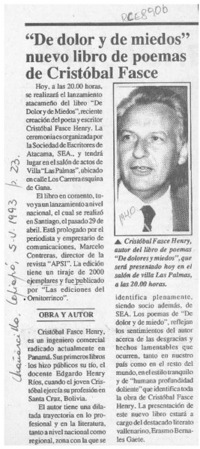 "De dolor y de miedos" nuevo libro de poemas de Cristóbal Fasce  [artículo].