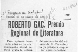 Roberto Gac, Premio Regional de Literatura  [artículo].