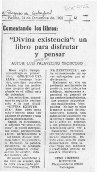 "Divina existencia", un libro para disfrutar  [artículo] René Jiménez Rieutord.