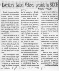 Escritora Isabel Velasco preside la SECH  [artículo] José Vargas Badilla.