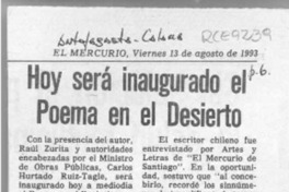 Hoy será inaugurado el poema en el desierto  [artículo].