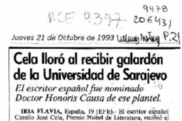 Cela lloró al recibir galardón de la Universidad de Sarajevo  [artículo].
