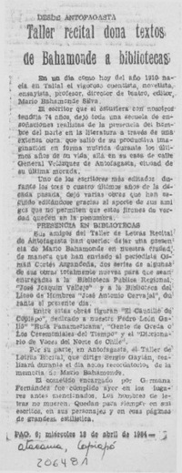 Taller recital dona textos de Bahamonde a bibliotecas