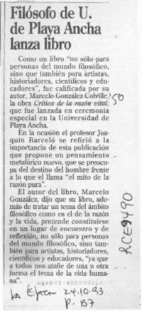 Filósofo de U. de Playa Ancha lanza libro  [artículo].