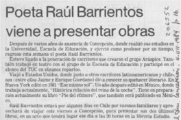 Poeta Raúl Barrientos viene a presentar obras