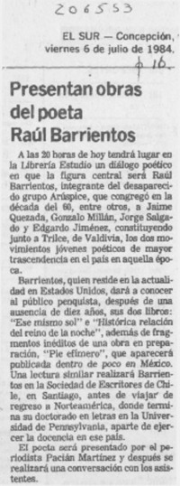 Presentan obras del poeta Raúl Barrientos