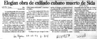 Elogian obra de exiliado cubano muerto de Sida  [artículo].