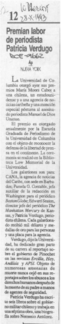 Premian labor de periodista Patricia Verdugo  [artículo].