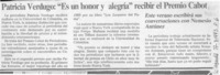 Patricia Verdugo, "Es un honor y alegría" recibir el Premio Cabot"  [artículo].