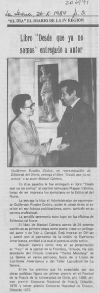 Libro "Desde que ya no somos" entregado a autor