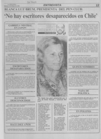 Blanca Luz Brum, presidenta del Pen Club, "No hay escritores desaparecidos en Chile" : [entrevista]