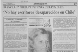 Blanca Luz Brum, presidenta del Pen Club, "No hay escritores desaparecidos en Chile" : [entrevista]