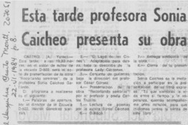 Esta tarde profesora Sonia Caicheo presenta su obra